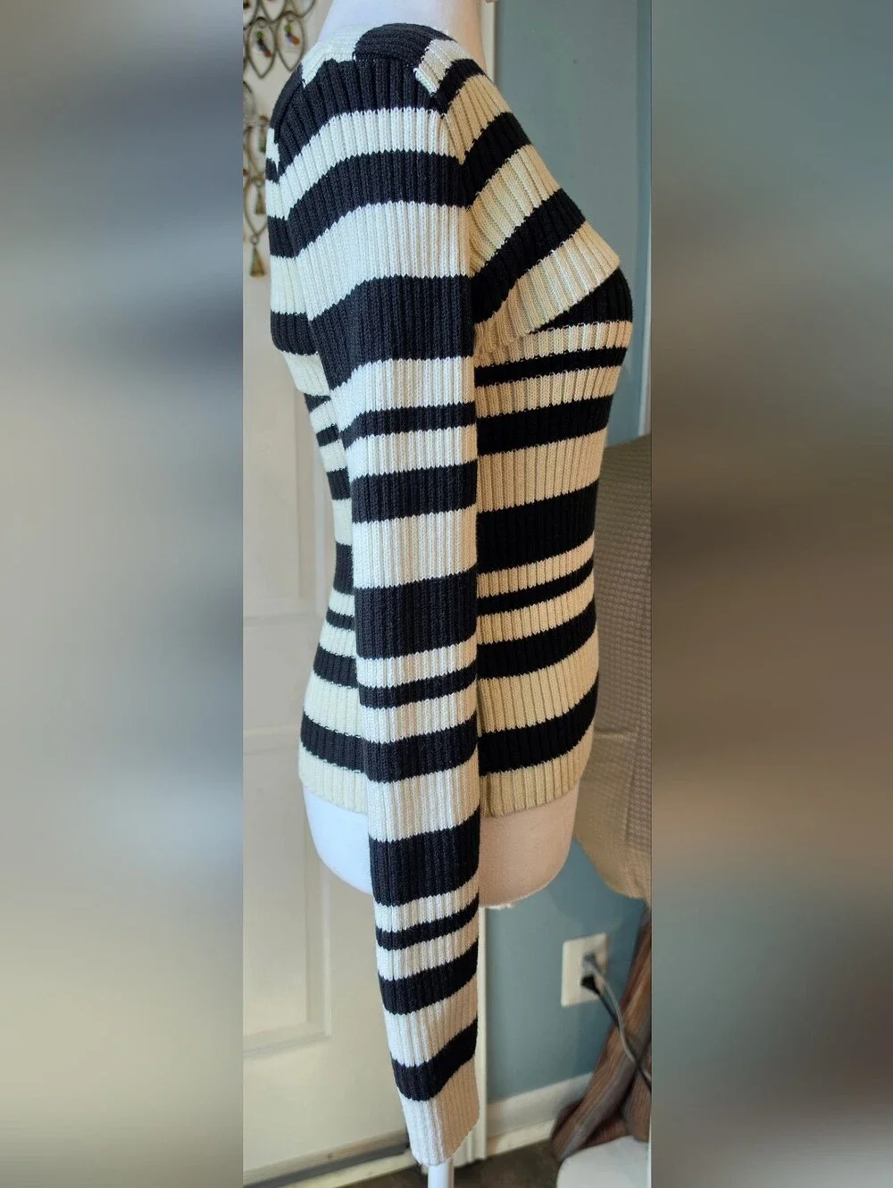 Maeve X Anthro Striped Sweater Shrug Set Womens M Black Cream Ribbed Cotton Blen